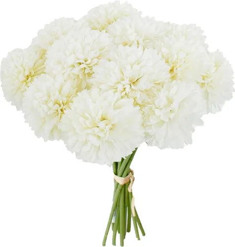 Vista 40 de Mandy's 6 tallos de seda beige Kiku flores de bola Tallos artificiales de crisantemo para decoración del hogar, verano, arreglo floral sintético