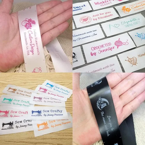 Vista 5 de Etiqueta de ropa de tela personalizada Etiqueta de costura personalizada hecha a mano con amor Etiqueta de costura de satén sedoso blanco Etiqueta