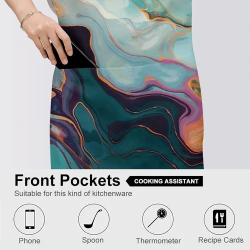 Vista 5 de Colourful Marble Cooking Aprons Unisex Kitchen Apron Adjustable Bib Apron with Pockets Waterdrop Resistant Chef Aprons for BBQ Drawing Grilling