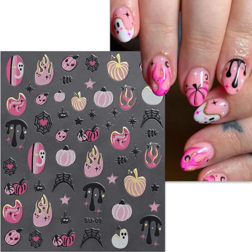 Vista 4 de 8 hojas de calcomanías de uñas de Halloween con diseños de fantasmas lindos, calabaza, araña, telaraña, sangre, llama 3D, autoadhesivas, Otoño