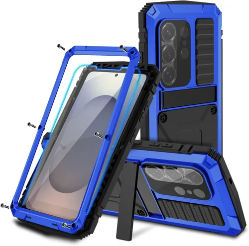 Vista 20 de Funda de metal para Samsung S22 5G con función atril, protector de pantalla integrado, resistente armadura militar duradera, cuerpo completo Negro
