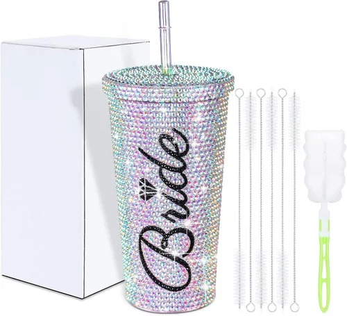 Vista 7 de Hoolerry - Vaso de novia con diamantes de imitación para novia, con tapa para popote y cepillo, acero inoxidable aislado, 16.9 onzas, regalos
