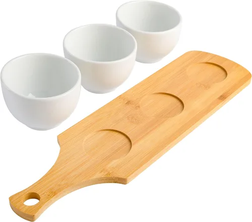 Vista 3 de Gibson Home Gracious - Vajilla de comedor, juego de 3 cuencos Tidbit con bandeja de bambú, color blanco, cuenco Tidbit de 3 piezas con bandeja