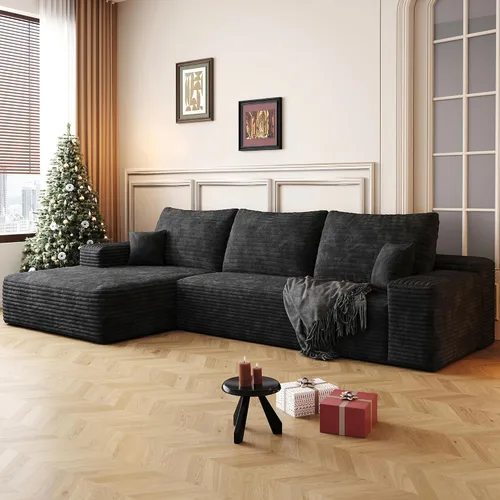 Vista 26 de Sofá modular moderno de 96 pulgadas para sala de estar, sofá modular tapizado sin hueso con bolsillos, cómodo sofá nube con diván en forma de L Negro