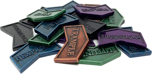 Vista 2 de Citadel Black MTG - Contadores de palabras clave de metal, juego de 24 fichas reversibles, incluye bolsa de cordón, acabado de metal antiguo