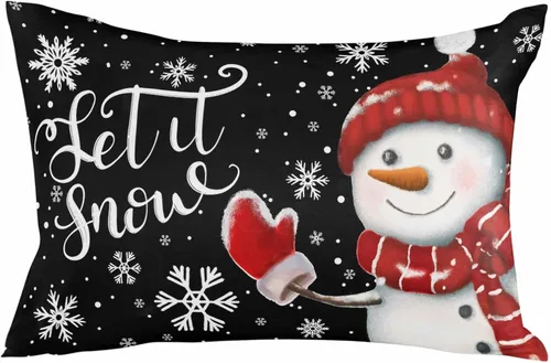 Vista 2 de Fundas de almohada de muñeco de nieve de Navidad, funda de almohada larga de lino, diseño de copos de nieve de invierno clásico, negro, protector