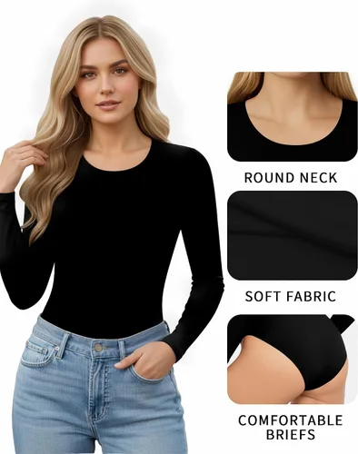 Vista 4 de MANGOPOP - Bodysuits de manga larga y manga corta con cuello redondo para mujer, prenda básica