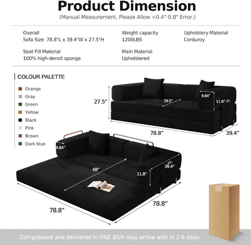 Vista 2 de MoonSpeak Sofá cama de 78.8 pulgadas para sala de estar, sofá modular convertible con almohada para reposabrazos, sofás modulares plegables de pana