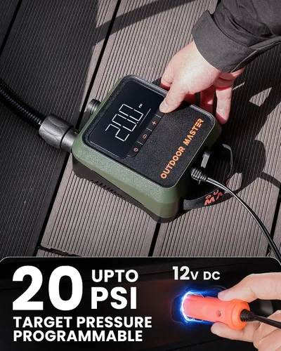 Vista 3 de OutdoorMaster La bomba de tabla de remo Cachalot 2, bomba de aire SUP de alta presión de 20 PSI, conector de coche de 12 V CC para tablas de SUP