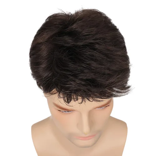 Vista 5 de Kaneles Mens Wig Short Drak Brown Wigs Layered Natural Cosplay Party Costume Hair Full Wig for Male Guy