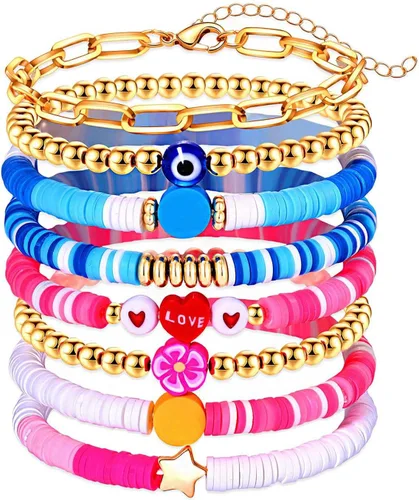 Vista 305 de Surfer Heishi - Pulseras apilables para mujer, apilables, de vinilo arcoíris, disco de arcilla, pulseras elásticas para la amistad, joyería bohemia