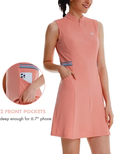 Vista 5 de BALEAF Vestido de tenis para mujer sin mangas con 4 bolsillos pantalones cortos interiores UPF 50 media cremallera vestido deportivo deportivo