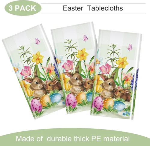 Vista 4 de Riakrum Mantel de Pascua rectangular de plástico con huevos de conejo, mantel floral para decoración y suministros de fiesta de Pascua, primavera