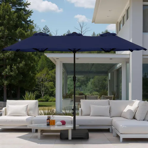Vista 2 de Shintenchi Sombrilla grande de patio de 13 pies con base, sombrilla rectangular doble cara para exteriores con asa de manivela para césped junto a