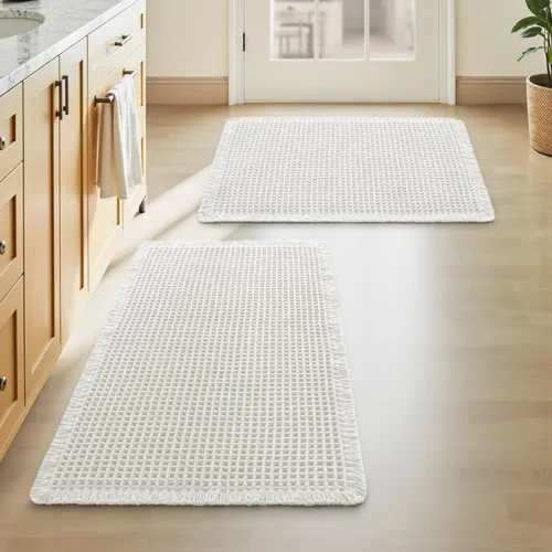 Vista 84 de AMOAMI Tapete de baño mejorado con diseño de gofre, súper absorbente, antideslizante, para suelo de baño, lavable a máquina, con borlas, tapetes