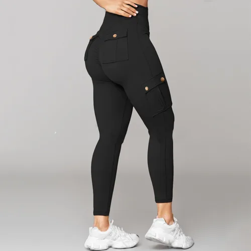 Vista 2 de Ayolanni Women High Waist Yoga Leggings Butt Lifting Tummy Control Solid Cargo Tights with Button Porkets for Jogging Workout