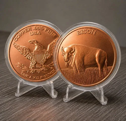 Vista 2 de Bisonte Moneda de lingotes redondos de cobre .999 puro de 1 oz en cápsula - COA por Heavenly Metals