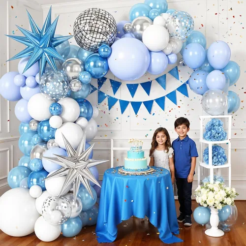 Vista 4 de Kit de guirnalda de arco de globos de color azul, blanco y plateado con globos de bola de discoteca, globos de papel de aluminio de estrella