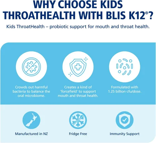 Vista 4 de BLIS Kids ThroatHealth Probiótico oral K12 - Soporte inmunológico y de garganta, fresa - 30 pastillas
