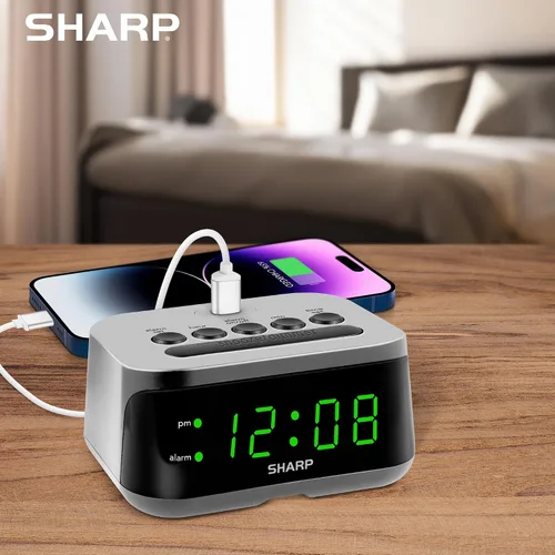 Vista 5 de Sharp Reloj despertador digital con puerto de carga USB-C súper rápido y pantalla LED verde