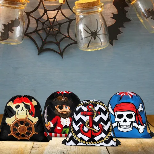 Vista 2 de Woanger 16 bolsas de recuerdo de fiesta pirata, bolsas con cordón para niños, capitán calavera, regalo para Halloween, cosplay, aventura