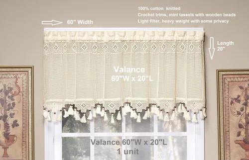 Vista 2 de Today's Curtain Gettysburg - Cenefa tejida de ganchillo de 20 pulgadas con borlas con cuentas, color crudo