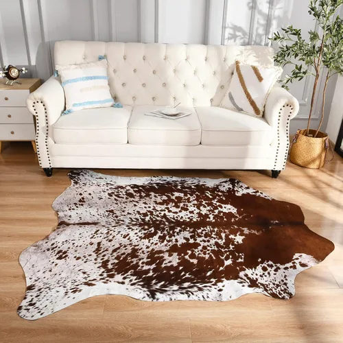 Vista 42 de Easycozy Alfombra de piel de vaca sintética con gran estampado de vaca, 3 x 4 pies, alfombra gruesa y elástica para dormitorio, sala de estar