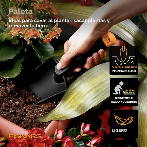 Vista 2 de Fiskars, pala de mano - Herramienta de mano de jardinería de compuesto de fibra con orificio para colgar - Herramientas para césped y jardín