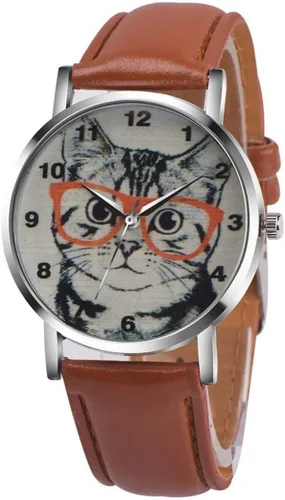 Vista 2 de Reloj de pulsera analógico de cuarzo con diseño de gato y correa de piel unisex