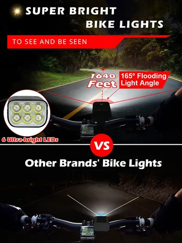 Vista 2 de Luces de bicicleta de alto lúmenes delanteras y traseras para conducción nocturna, 10,000 mAh USB recargable 6 luces LED para bicicleta, 5+5 modos