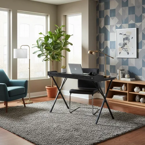 Vista 6 de FurnitureR Escritorio de oficina en casa con deflector, escritorio de estudio de computadora de 47.2 pulgadas con patas de metal en forma de X, mesa