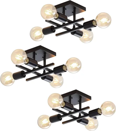 Vista 11 de Lámpara de techo industrial de 4 luces, semiempotrada, moderna lámpara de araña de níquel cepillado, lámpara de techo Sputnik con base de bombilla