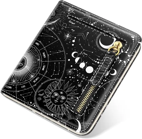 Vista 26 de Billetera de cuero genuino de lujo para mujer con bloqueo RFID, compacta, plegable, con ventana para identificación, Gato negro, Moderno