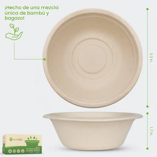Vista 2 de Ecovita Cuencos de Papel 100% Compostables [12 oz.] – 150 Cuencos Desechables Ecológicos Resistentes Sin Árboles Resistentes a Líquidos y Calor