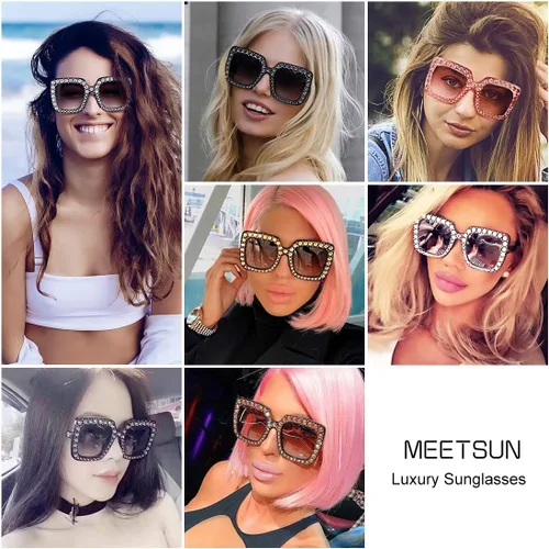 Vista 2 de MEETSUN Elton Square Rhinestone Sunglasses Oversized Bling for Women with Diamond Frames 70s Retro for Beach & Disco