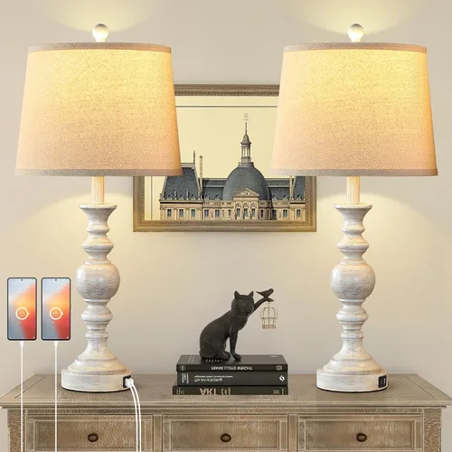 Vista 9 de Lámparas de Mesa de Estilo Granja para Dormitorio, Juego de 2, Lámpara de Noche Rústica de 28 pulgadas con Puertos USB, Lámpara de Mesa de Noche