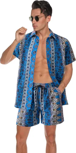Vista 2 de Atwfo Camisas hawaianas para hombre, estilo casual, con botones, manga corta, pantalones cortos estampados, para verano, playa, tropical, hawaiano