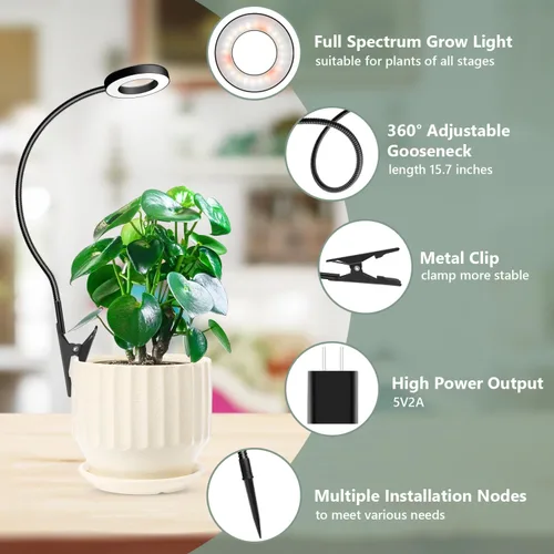 Vista 5 de Luz de cultivo con clip, luces de plantas de halo de 6000 K para cultivar plantas pequeñas, lámpara LED de espectro completo con temporizador