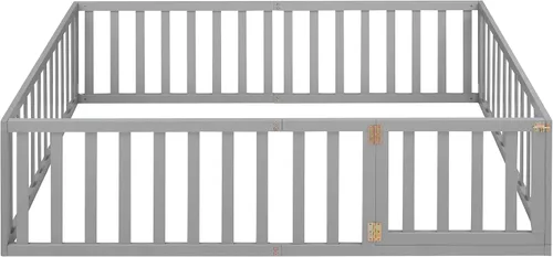 Vista 5 de Cama de suelo para niños, marco de cama Montessori de tamaño matrimonial con barandillas de valla para niños, camas de madera para niños y niñas