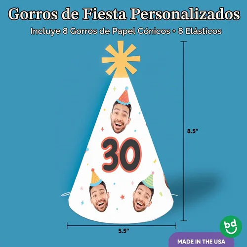 Vista 3 de Sombreros de cono de cumpleaños coloridos con foto y texto personalizados