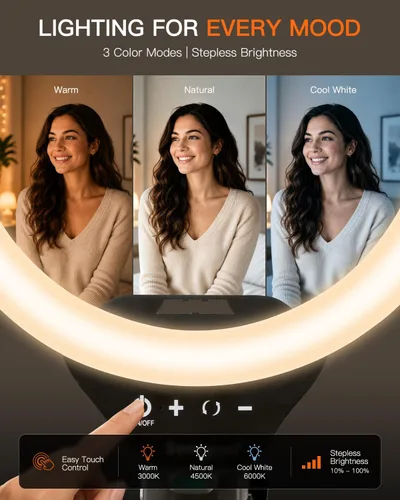 Vista 3 de SENSYNE - Anillo de luz de 10 pulgadas con soporte de trípode extensible de 50 pulgadas, luces circulares LED con soporte para teléfono