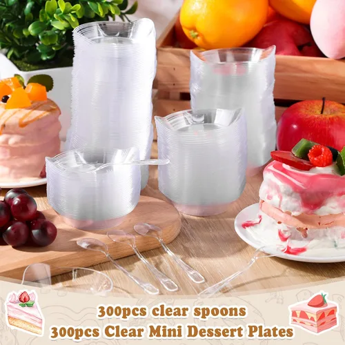 Vista 3 de Potchen 600 mini platos de postre de 3.1 pulgadas con cucharas de degustación, 300 mini platos de aperitivo, recipientes de postre de plástico