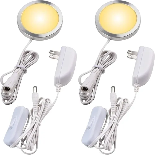 Vista 8 de Luz de disco individual debajo del gabinete, vitrinas de colección con iluminación LED, enchufe de pared eléctrico de 120 V con cable, interruptor