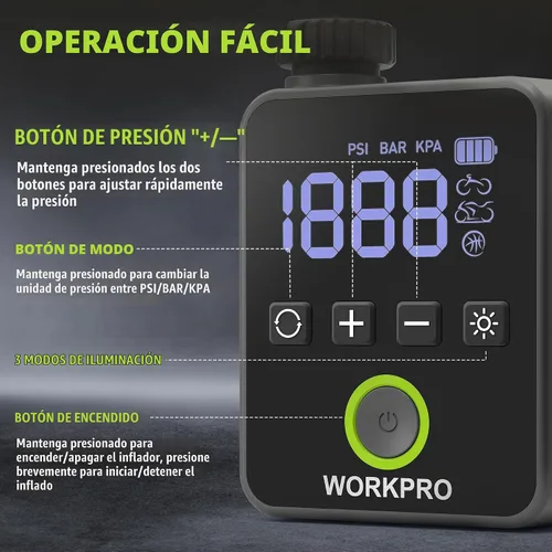 Vista 6 de WORKPRO Mini bomba eléctrica de la bici, inflador portátil del neumático
