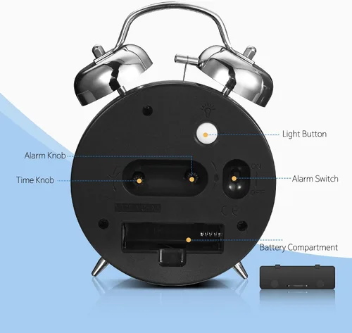 Vista 7 de Reloj despertador súper fuerte para personas que duermen pesadas, reloj despertador de campana doble de 4 pulgadas con luz de fondo, funciona