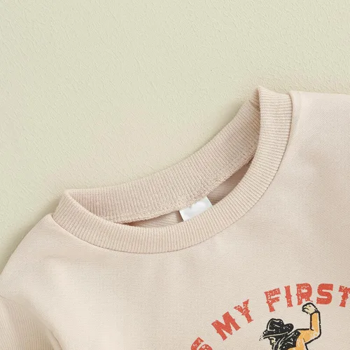 Vista 4 de Chloefairy Conjunto de 2 piezas de ropa occidental para bebé, sudadera con texto en inglés "This is My First Rodeo", conjunto de 2 piezas para otoño