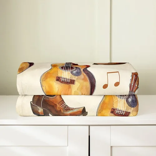 Vista 4 de Castle Fairy Manta de forro polar con botas de vaquero, manta de guitarra musical bohemia para niños y niños, manta de vaquera rústica occidental