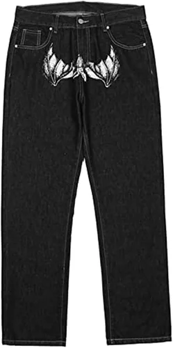 Vista 4 de SKYWPOJU Pantalones de mezclilla con bordado de calavera para hombre estilo vintage hip hop de los años 90 con diseño de patineta