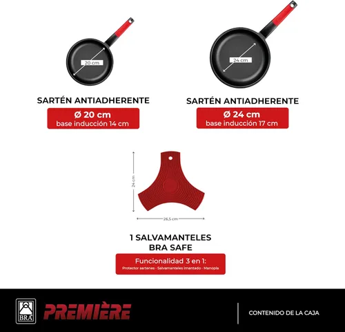 Vista 2 de BRA Juego de sartenes antiadherentes de aluminio fundido de 7.9-9.4 in rojo [Exclusivo de Amazon]