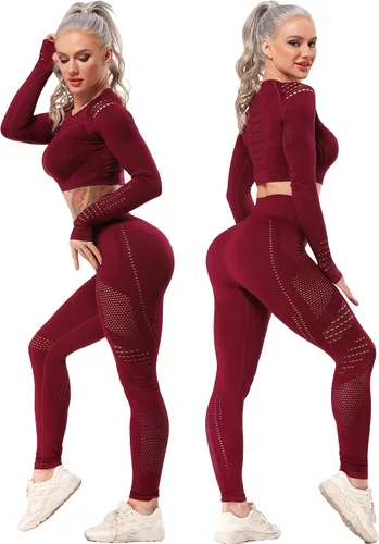 Vista 2 de YOFIT - Conjunto deportivo de 2 piezas leggings de yoga de cintura alta sin costuras y crop top con manga larga para mujer, juego de ropa